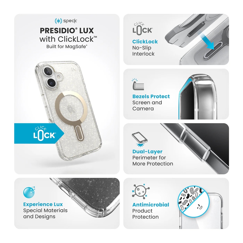 Speck Case with ClickLock/MagSafe for iPhone 16 Plus - Clear / Gold Glitter